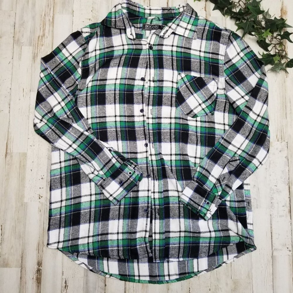 Bogari Multicolored Green Plaid Long Sleeve Women Shirt Size M